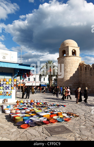Pottery shop display outside the Great Mosque, Place de la  Grande Mosque, Medina, Sousse, Tunisia, North Africa, Africa Stock Photo