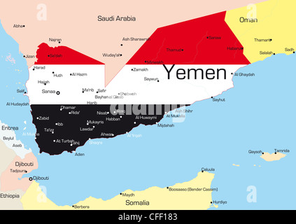 Abstract vector color map of Yemen country colored by national flag Stock Photo