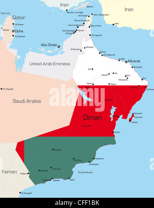 Abstract vector color map of Oman country colored by national flag  Stock Photo