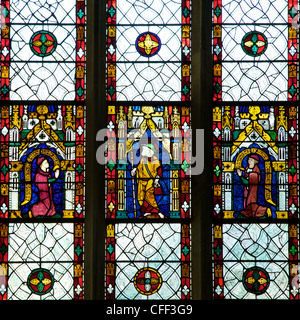 Close-up of stained glass windows of saint, Merton College Chapel, Oxford University, Oxford, Oxfordshire, England, UK Stock Photo