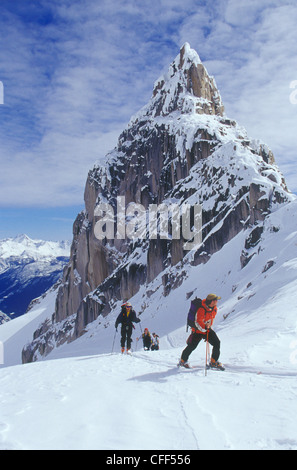 Backcountry skiers ski touring on Bugaboo Glacier, British Columbia, Canada. Stock Photo