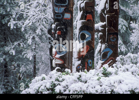 Totems of Thunderbird Park in winter, Victoria, Vancouver Island, British Columbia, Canada. Stock Photo