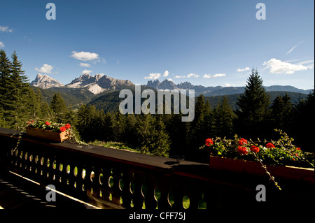 View from a balcony onto mountains in the sunlight, Dolomites, Alto Adige, South Tyrol, Italy, Europe Stock Photo