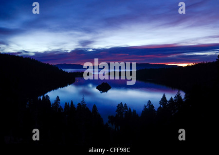A predawn view of Emerald Bay just before sunrise in Lake Tahoe, California.