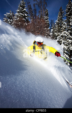 A athletic skier rips fresh powder turns on a sunny day in Colorado. Stock Photo