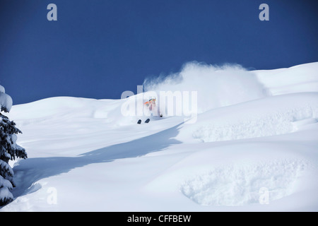 A athletic skier rips fresh deep powder turns in the backcountry on a sunny day in Colorado. Stock Photo
