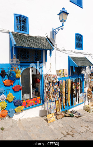 Sidi Bou Said. Tunisia. View of handicrafts and souvenirs for sale in the cliff top village of Sidi Bou Said. The village is Stock Photo