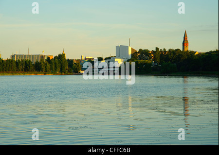 View over Töölonlahti (Töölo Bay), Helsinki Finland. Finlandia Hall in centre and National Museum on right Stock Photo