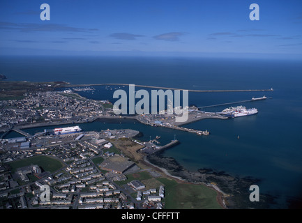 Aerial view of Holyhead Port with ferries berthed and Breakwater at top of frame Anglesey North Wales UK Stock Photo