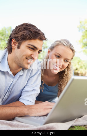 Smiling couple using their laptop on the lawn Stock Photo