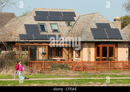 Solar panels on the roof of a house on the river Cam near Cambridge. England. Stock Photo