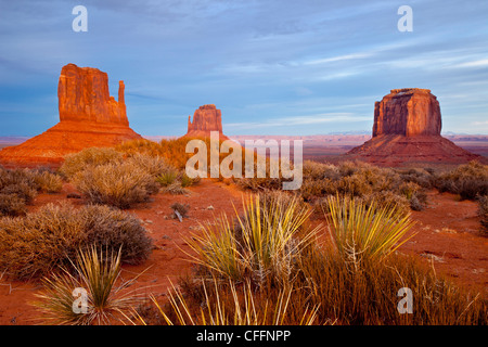 Sunset over the Mittens and Merrick Butte, Monument Valley, Arizona USA Stock Photo