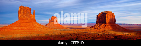 Panoramic view of the Mittens and Merrick Butte at sunset, Monument Valley, Arizona USA Stock Photo