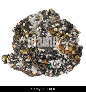 Mineral of sphalerite, iron pyrite, calcite and quartz from the Andes. Stock Photo