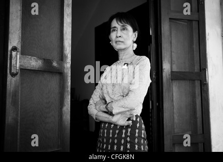 Aung San Suu Kyi, State Chancellor of Myanmar's Government and the leader of the National League for Democracy Party (NLD) at her home in Yangon Myanmar, Burma Stock Photo