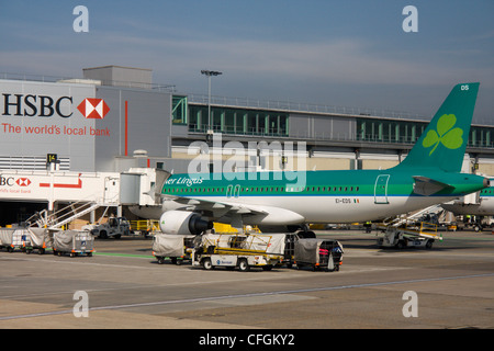 airlingus plane at departure gate london gatwick airport terminal buildings west sussex england uk Stock Photo