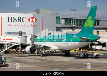 airlingus plane at departure gate london gatwick airport terminal buildings west sussex england uk Stock Photo