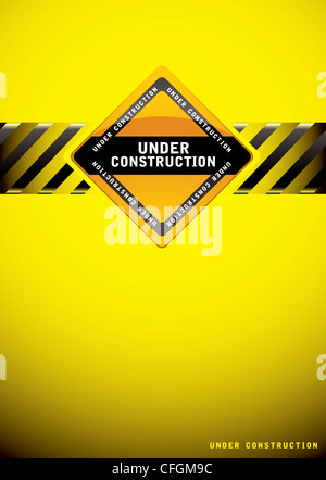 Yellow warning under construction background with sign and hash banner Stock Photo