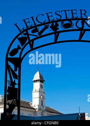 Entrance sign and clock tower at Leicester Market in Leicester city centre Leicestershire  England UK Stock Photo