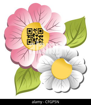 Spring concept: colorful flower with qr code label isolated over white background. Stock Photo