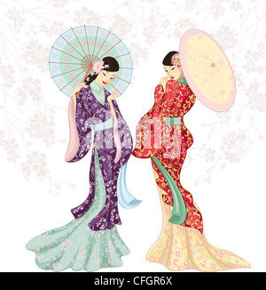 Two beautiful Chinese women in traditional clothing with umbrellas. Stock Photo