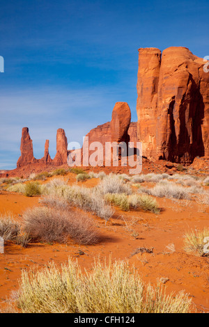 Three Sisters and the Thumb rock formations, Monument Valley, Arizona USA Stock Photo