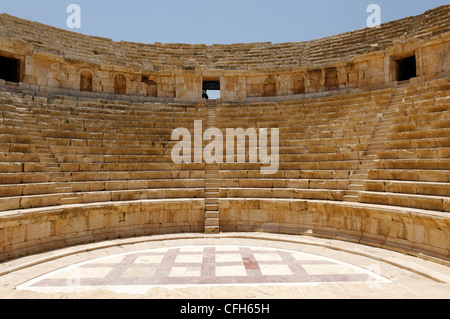 Jerash. Jordan. View of the North Theatre and its rows of seats and the beautiful semicircular orchestra with marble flooring. Stock Photo