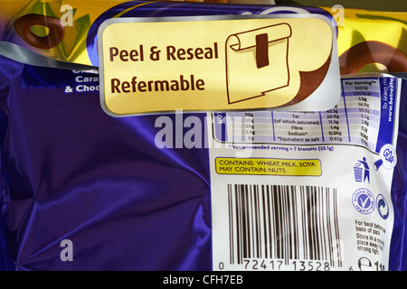 Peel & Reseal sticker on packet of chocolates Stock Photo
