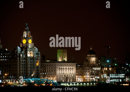 Liverpool skyline from birkenhead all lit up at night Stock Photo
