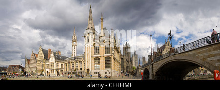 Horizontal wide angle panoramic of Sint Michielsbrug Bridge, St Michael's Bridge crossing the river Leie in central Ghent, Belgium Stock Photo