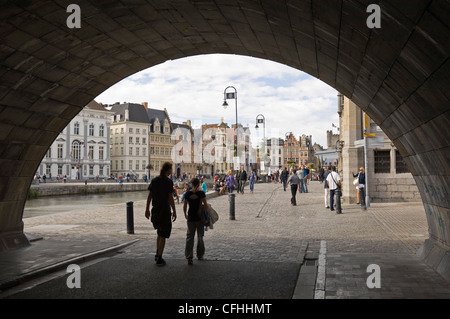 Horizontal view of the historical Graslei and Korenlei alongside the river Leie from Sint Michielsbrug Bridge in central Ghent. Stock Photo