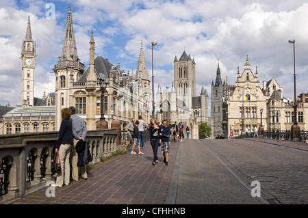 Horizontal wide angle view of Ghent's skyline from Sint Michielsbrug Bridge crossing the river Leie in Ghent, Belgium Stock Photo