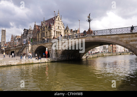 Horizontal wide angle of Sint Michielsbrug Bridge, St Michael's Bridge crossing the river Leie on a sunny day in central Ghent, Belgium Stock Photo