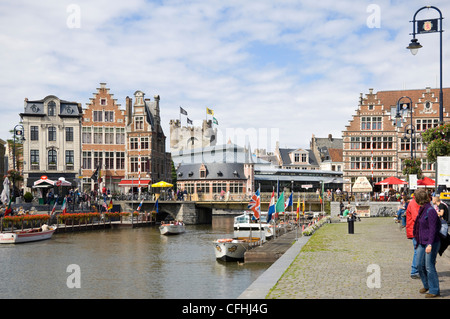 Horizontal view along the river Leie with Gravensteen aka Castle of the Counts in central Ghent, , Belgium Stock Photo