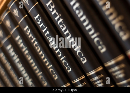 Home library shelves with 20th century edition (1988) of Encyclopedia Britannica in classic binding Stock Photo