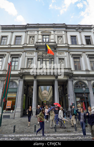 Vertical wide angle of the columned entrance to Royal Galleries of St Hubert, a covered shopping arcade in central Brussels, Belgium Stock Photo