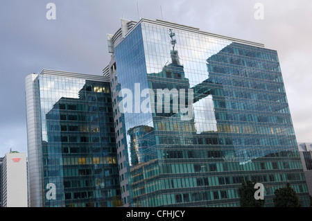 Horizontal wide angle view of modern glass fronted office blocks with tha Belgacom Towers reflected in them in central Brussels, Belgium Stock Photo