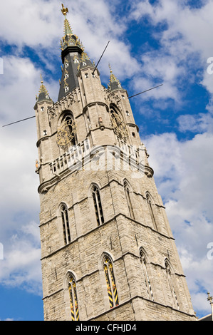 Vertical view of the top of the medieval Belfort aka Belfry, a prominent belltower on the skyline in central Ghent, Belgium Stock Photo