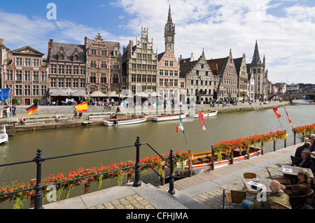 Horizontal view of the historical gabled architecture on Graslei, Tussen Bruggen, on the river Leie in Ghent on a sunny day. Stock Photo