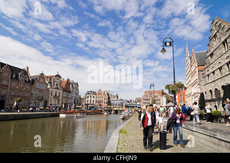 Horizontal view of the beautiful historical architecture on Graslei and Korenlei alongside the river Leie in Ghent, Belgium. Stock Photo