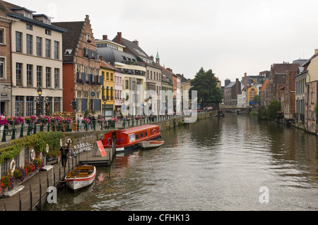 Horizontal view of the old architecture along Kraanlei from Vleeshuisbrug on the River Leie in central Ghent, Belgium Stock Photo