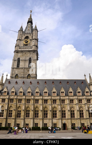Vertical view of the medieval Belfort aka Belfry, a prominent belltower on the skyline in central Ghent, Belgium Stock Photo