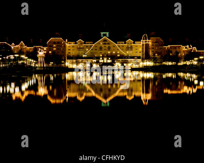 The Newport Bay Club hotel at Disneyland Paris illuminated at night Stock Photo