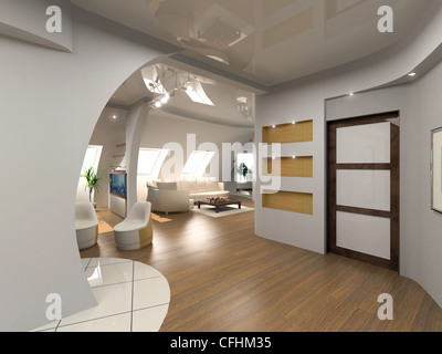 Modern interior design of house, hall, living room with staircase 3d ...