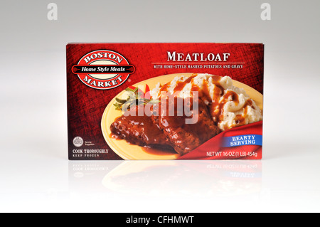 Package of Boston Market Frozen Homestyle Meals Meatloaf and mashed potato with gravy on white background cutout Stock Photo