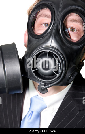 Closeup picture of a man with gasmask and suit on white Stock Photo