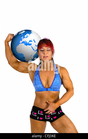 Female Atlas holds the world on her shoulder Stock Photo