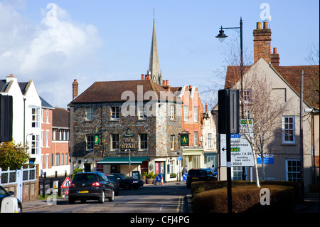 Dorking Town center one way system and St Martin’s church and dorkings very famous south street Stock Photo