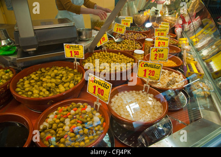Olive stall Nueva Mercado de la Encarrnacion market in Metropol Parasol complex Seville Andalusia Spain Stock Photo