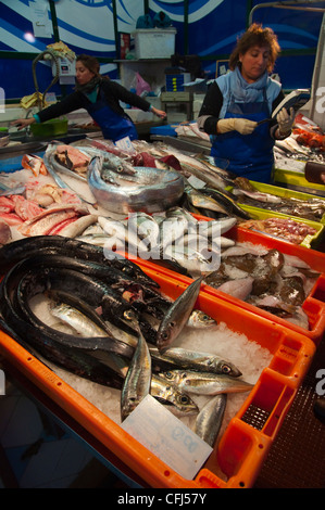 Seafood stall Mercado da Ribeira market hall Cais do Sodre area Lisbon Portugal Europe Stock Photo